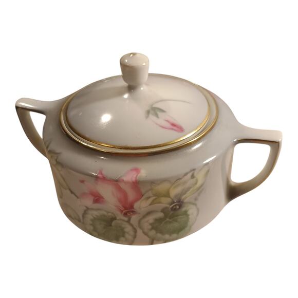 Tirschenreuth PT Gray Pink Flowers Creamer And Sugar Dish Gold Trim Hand Painted - Picture 5 of 12